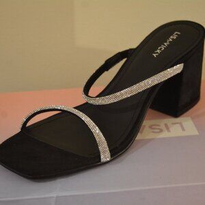Lisa Vicky Mood Black Microsuede Block Heel Sandal Rhinestone Straps Sz 10 NIB